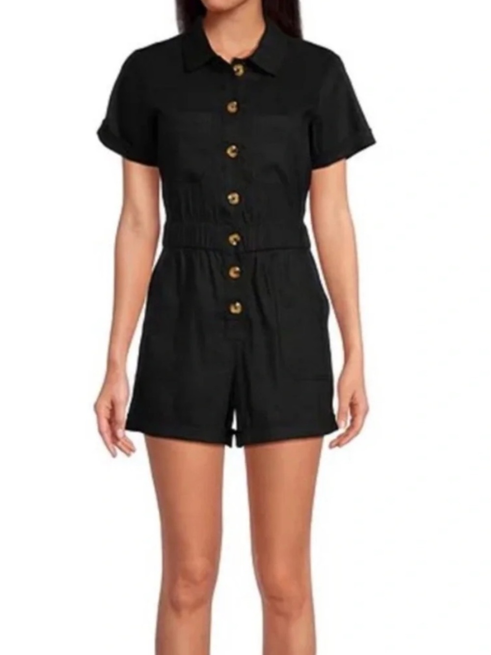 Gianni Bini Black Short Sleeve Button Front Romper